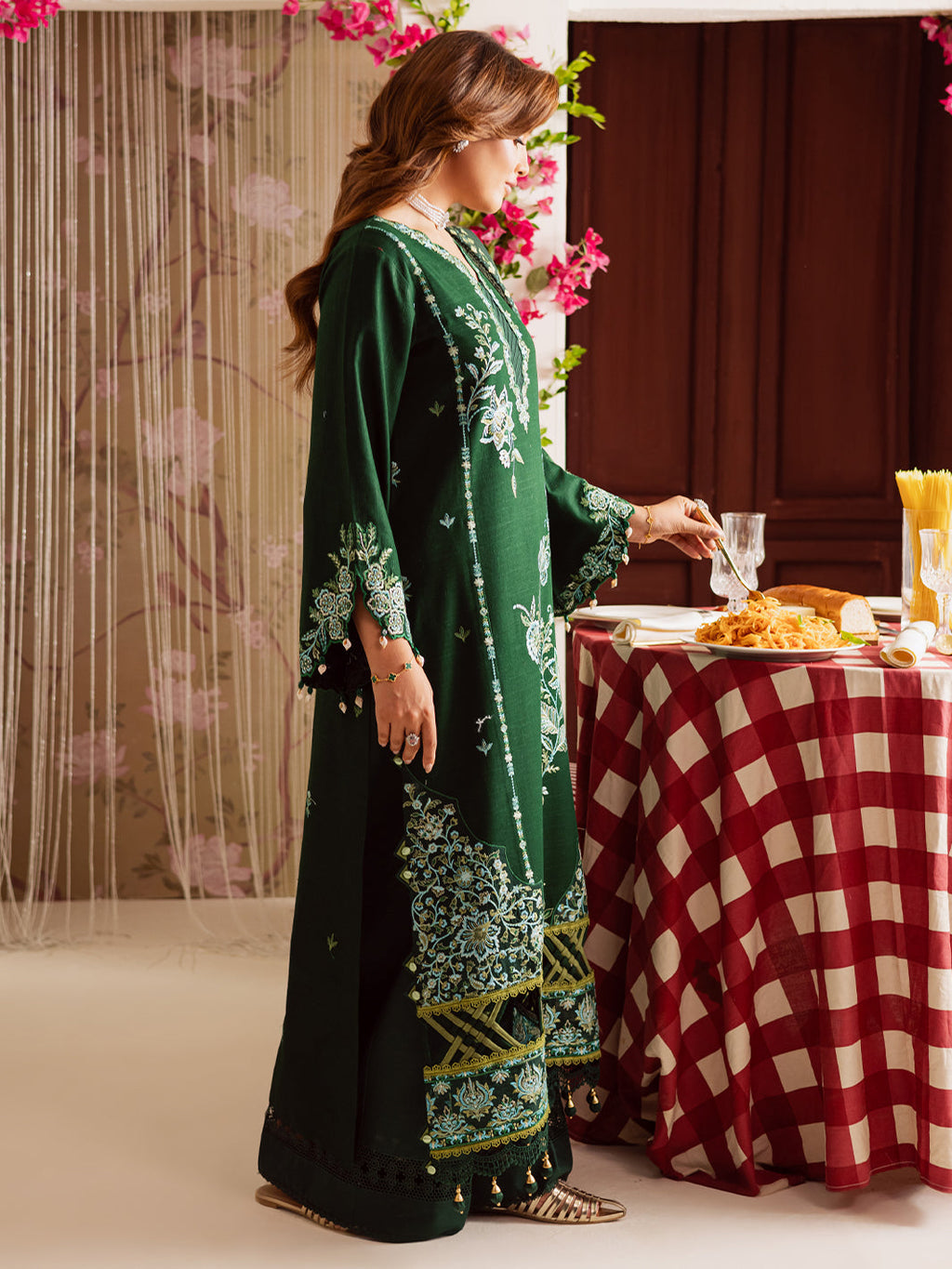 MAHNUR-3PC DHANAK EMBROIDERED SHIRT WITH COURTRAI PRINTED SHAWL & TROUSER-WM-4327