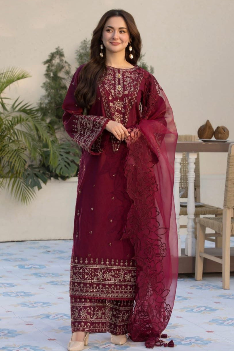 ALLEY'S UNSTITCHED DHANAK EMBROIDERED 3PC WITH SHAWL