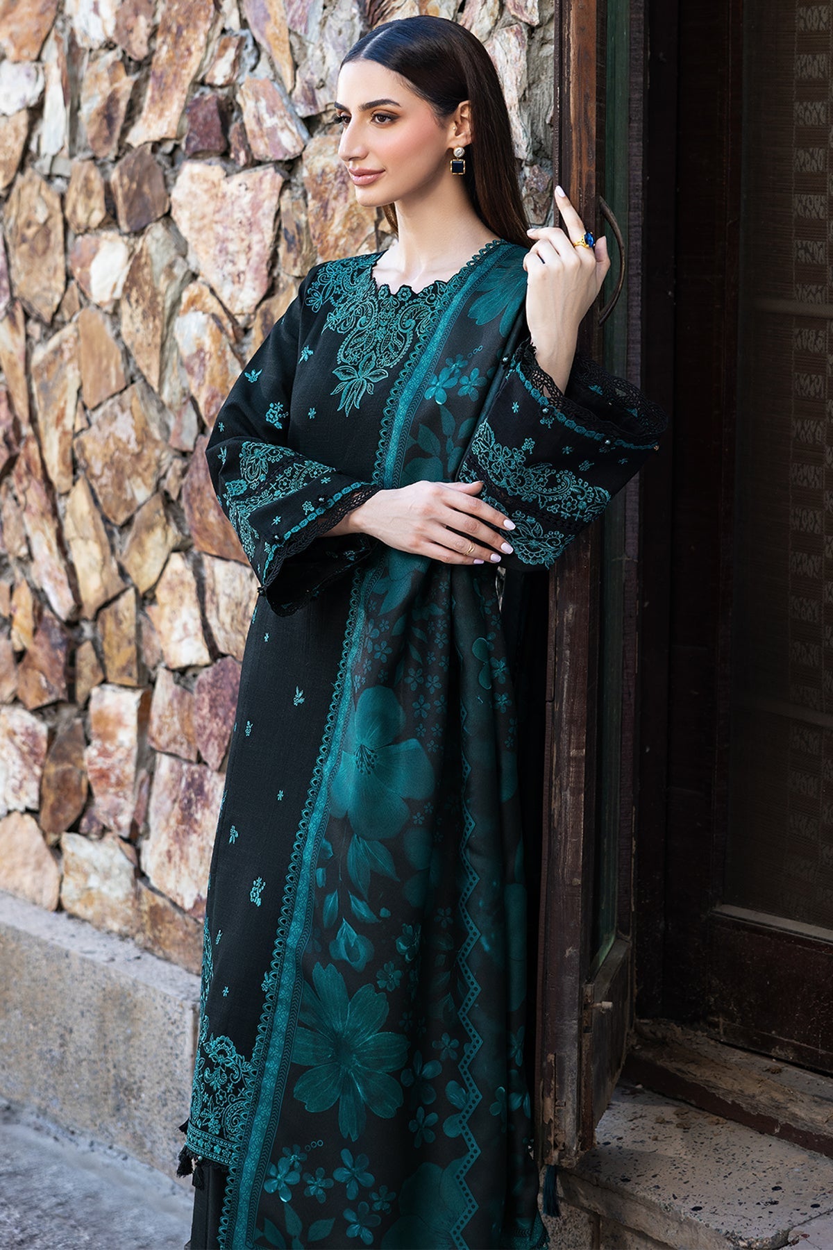 FARASHA-3PC KHADDAR EMBROIDERED SHIRT WITH COURTRAI PRINTED SHAWL AND TROUSER-WM-4391