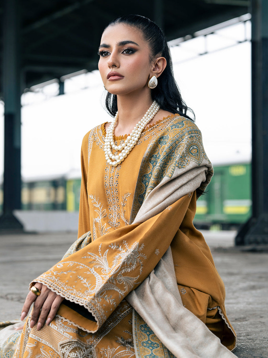 IZEL - 3PC DHANAK EMBROIDERED SHIRT WITH TWILL PRINTED SHAWL AND TROUSER