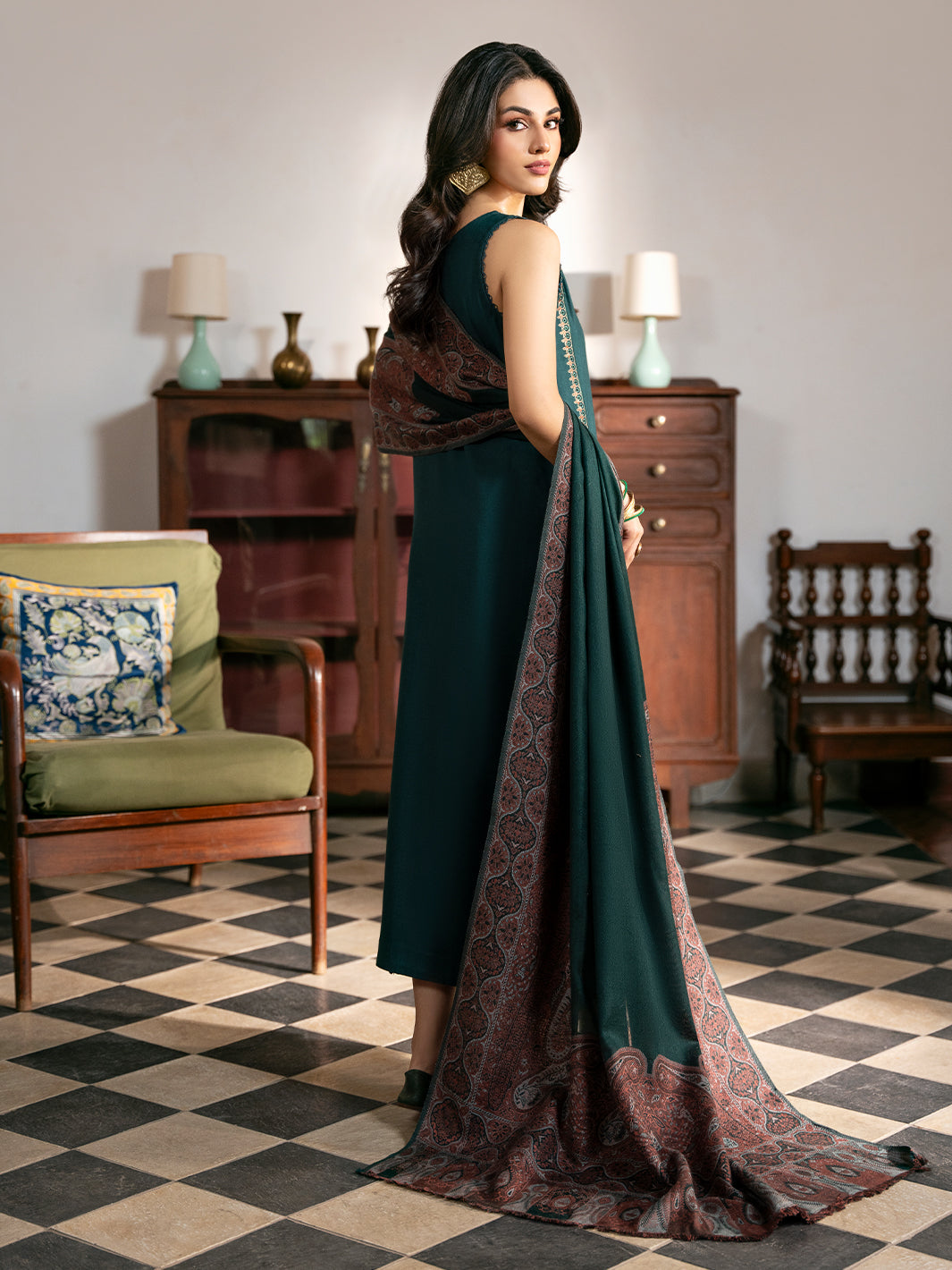 IZEL-3PC DHANAK EMBROIDERED SHIRT WITH PRINTED SHAWL