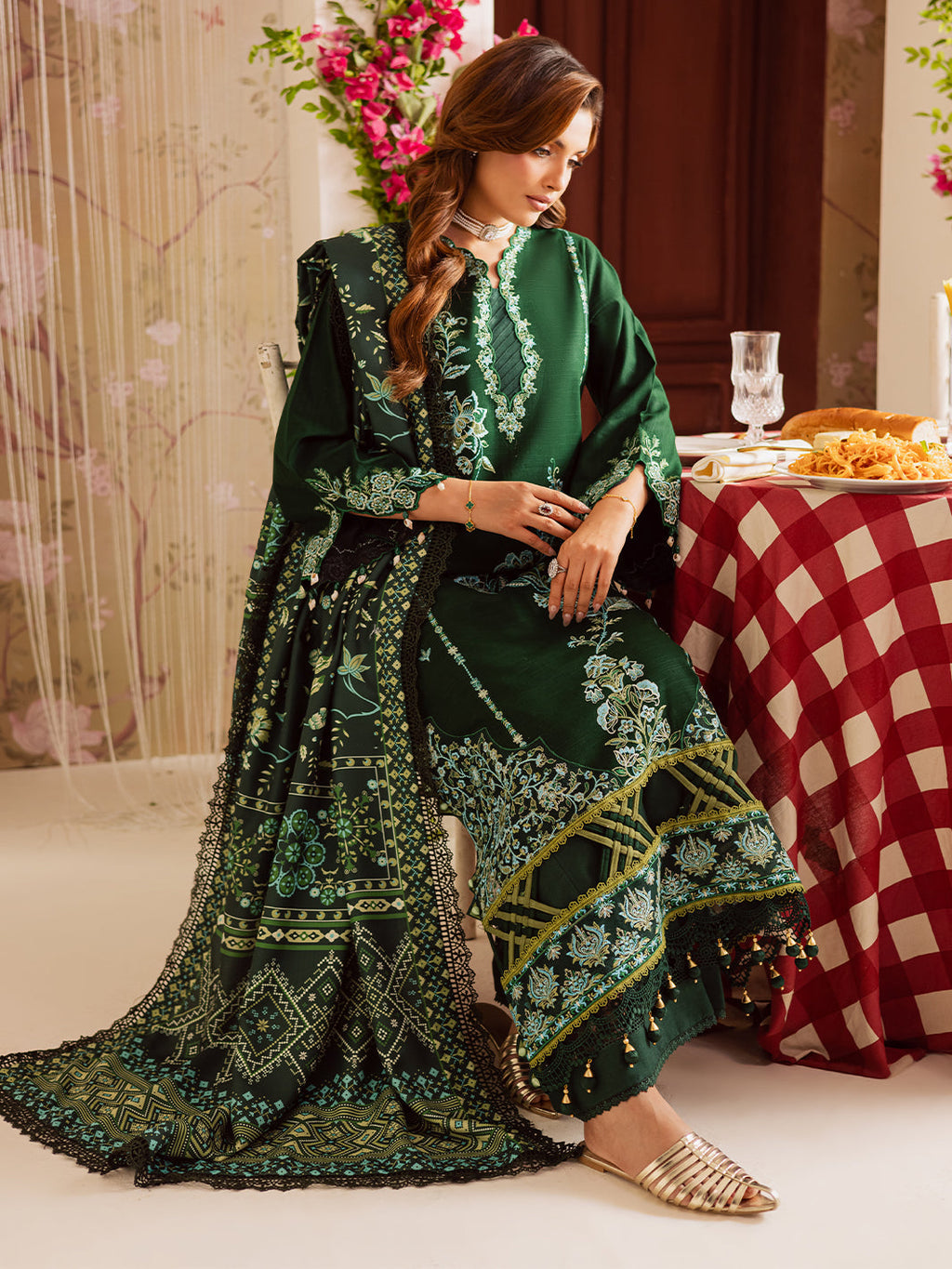 MAHNUR-3PC DHANAK EMBROIDERED SHIRT WITH COURTRAI PRINTED SHAWL & TROUSER-WM-4327