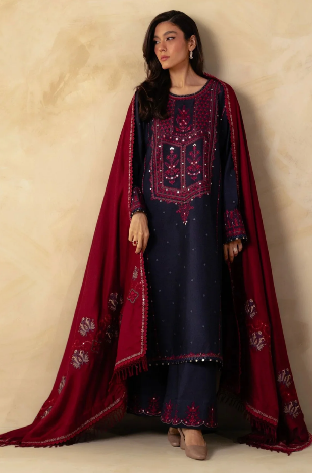 Zara Shah Jahan - 3PC Unstitched Dhanak Sequence Embroidered Shirt with Embroidered Dhanak Shawl and Trouser
