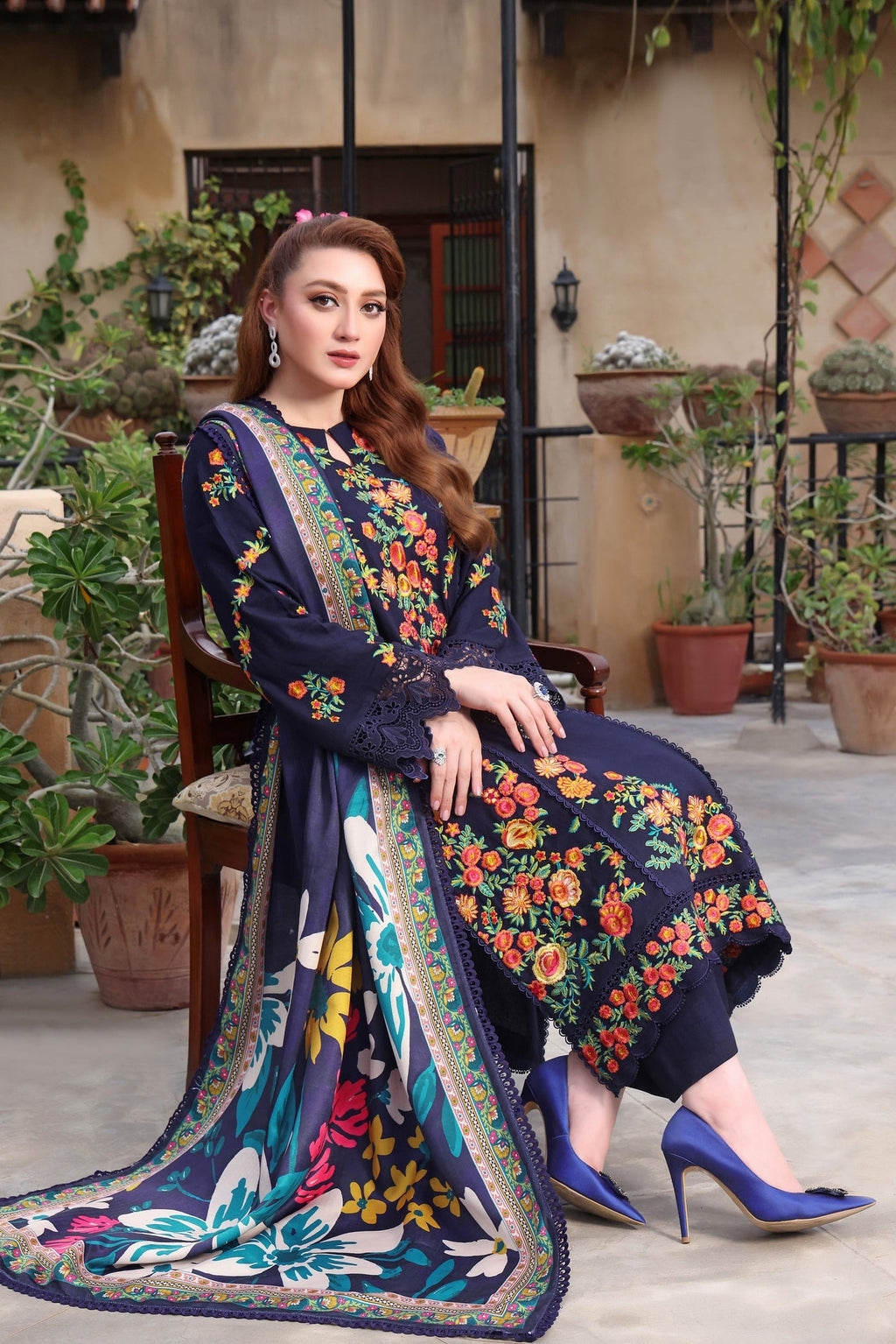 ANEELAS-3PC DHANAK EMBROIDERED SHIRT WITH COURTRAI PRINTED SHAWL & TROUSER-WM-4316