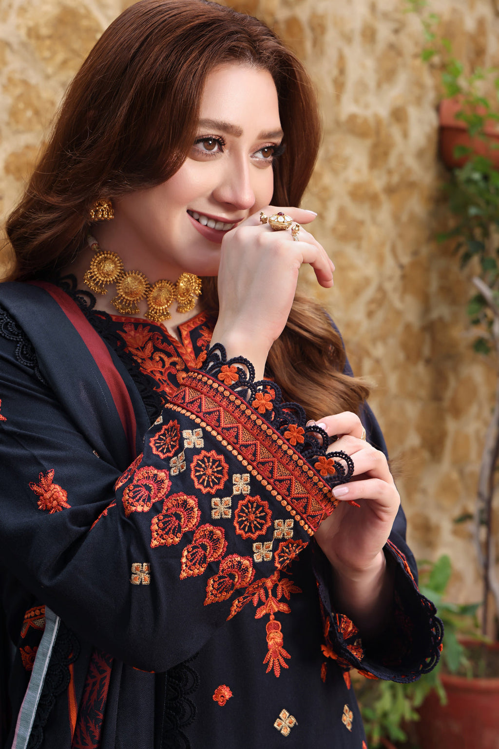 ASIM JOFA-3PC DHANAK EMBROIDERED SHIRT WITH COURTRAI PRINTED SHAWL & TROUSER-WM-4316