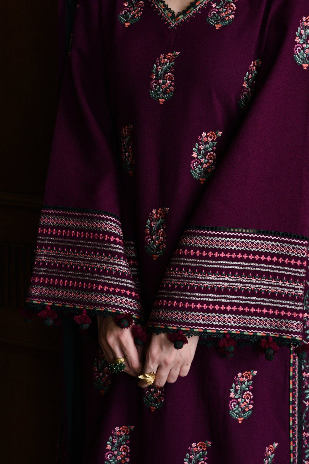 ZAIB DEEP PLUM LUXURY EMBROIDERED DHANAK 3PC WITH EMBROIDERED SHAWL AND TROUSER-WM-4331