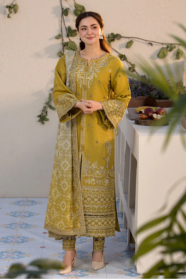 JADE - 3PC DHANAK EMBROIDERED SHIRT WITH DIGITAL PRINT SHAWL AND DYED TROUSER