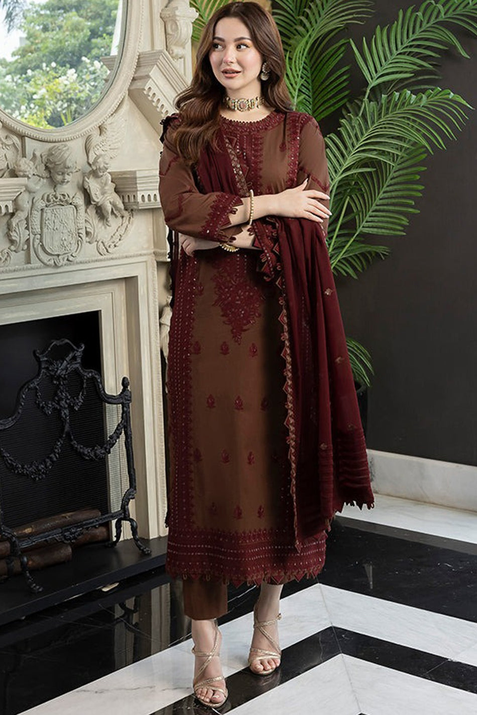 ASIM JOFA-3PC DHANAK EMBROIDERED SHIRT WITH DHANAK EMBROIDERED DUPATTA AND TROUSER-WM-3647