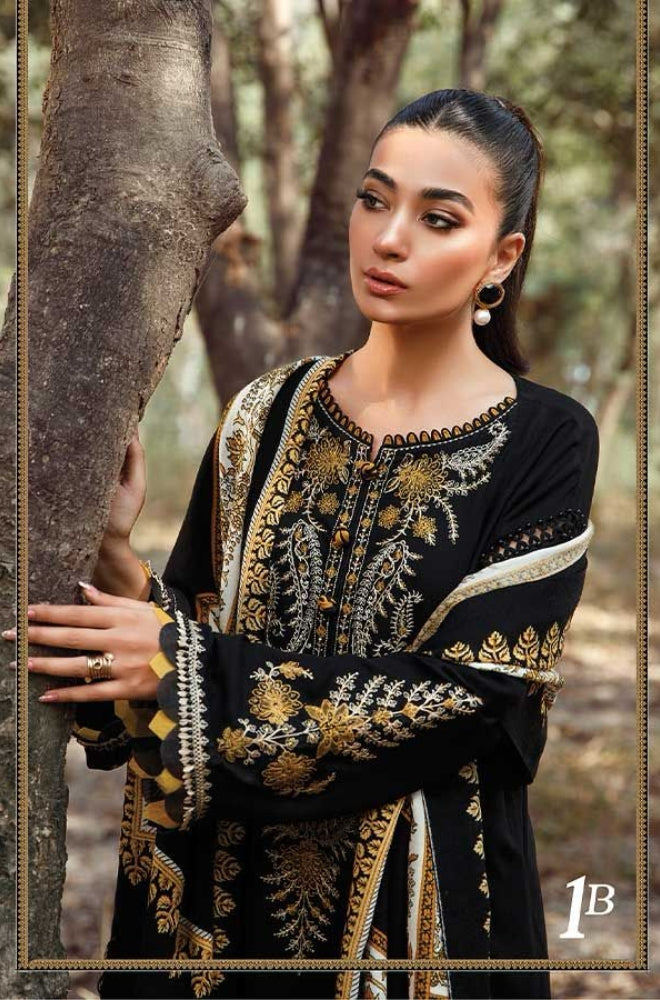 Maria B - 3PC Unstitched Dhanak Embroidered Shirt with Printed Wool Shawl and Trouser