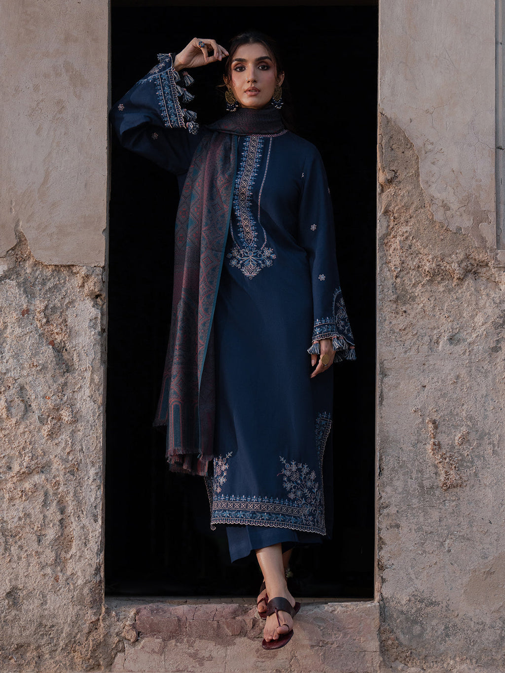 IZEL-3PC DHANAK EMBROIDERED SHIRT WITH COURTRAI PRINTED SHAWL & TROUSER-WM-4350