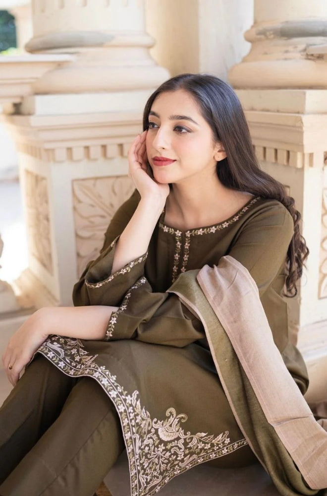 Aisling - 3PC Unstitched Dhanak Embroidered Shirt with Embroidered Dupatta and Trouser