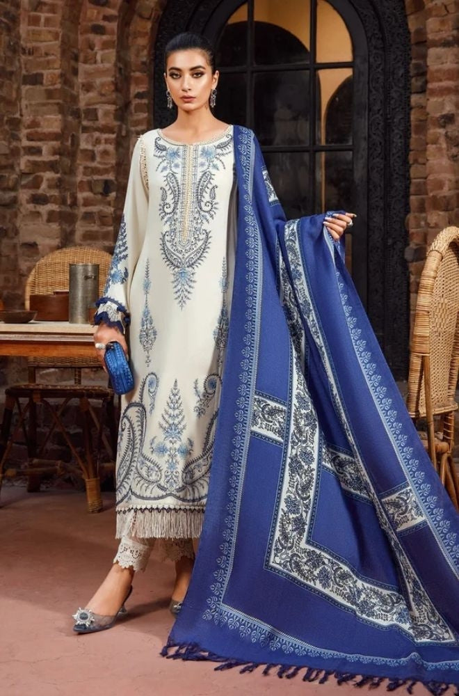Maria B - 3PC Unstitched Dhanak Embroidered Shirt with Printed Wool Shawl and Trouser