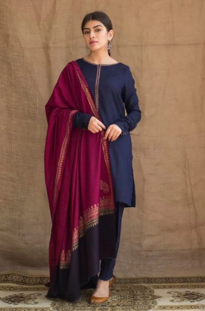 Zarpash - 3PC Unstitched Dhanak Neckline Embroidered Shirt with Printed Wool Shawl and Trouser