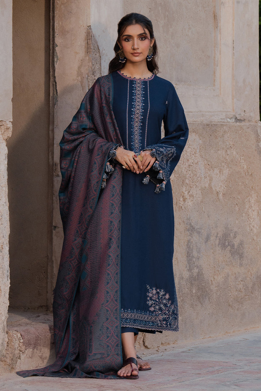 IZEL-3PC DHANAK EMBROIDERED SHIRT WITH COURTRAI PRINTED SHAWL & TROUSER-WM-4350