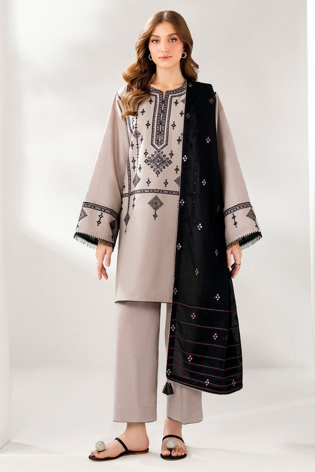 JAZMIN-3PC DHANAK EMBROIDERED SHIRT WITH DHANAK EMB SHAWL AND TROUSER-WM-4192