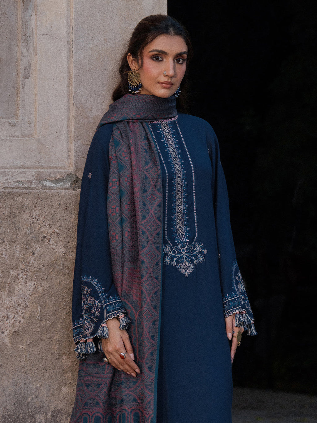 IZEL-3PC DHANAK EMBROIDERED SHIRT WITH COURTRAI PRINTED SHAWL & TROUSER-WM-4350