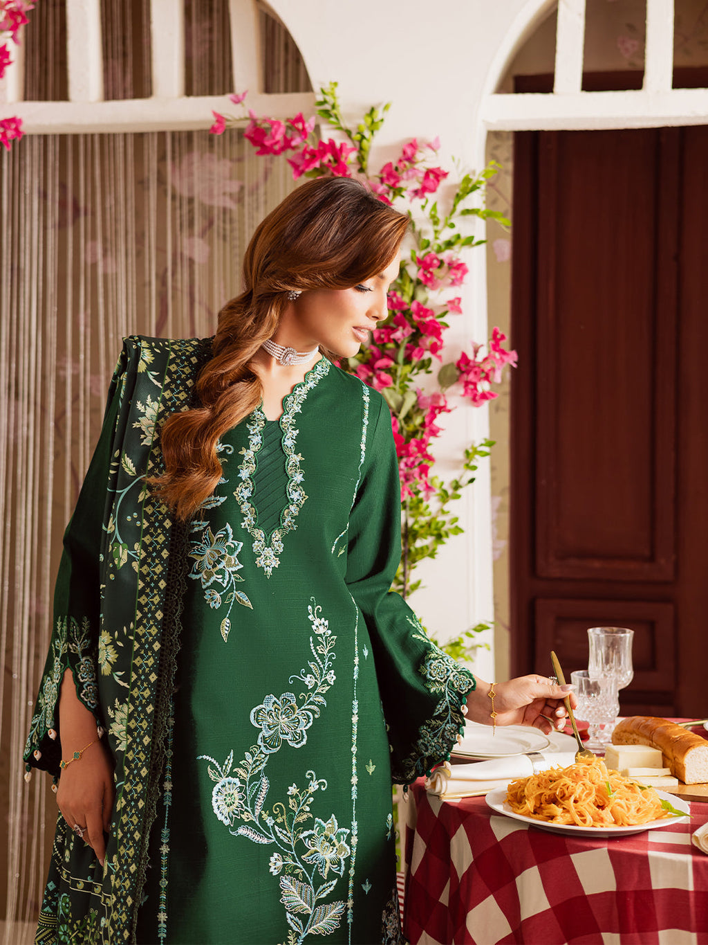 MAHNUR-3PC DHANAK EMBROIDERED SHIRT WITH COURTRAI PRINTED SHAWL & TROUSER-WM-4327