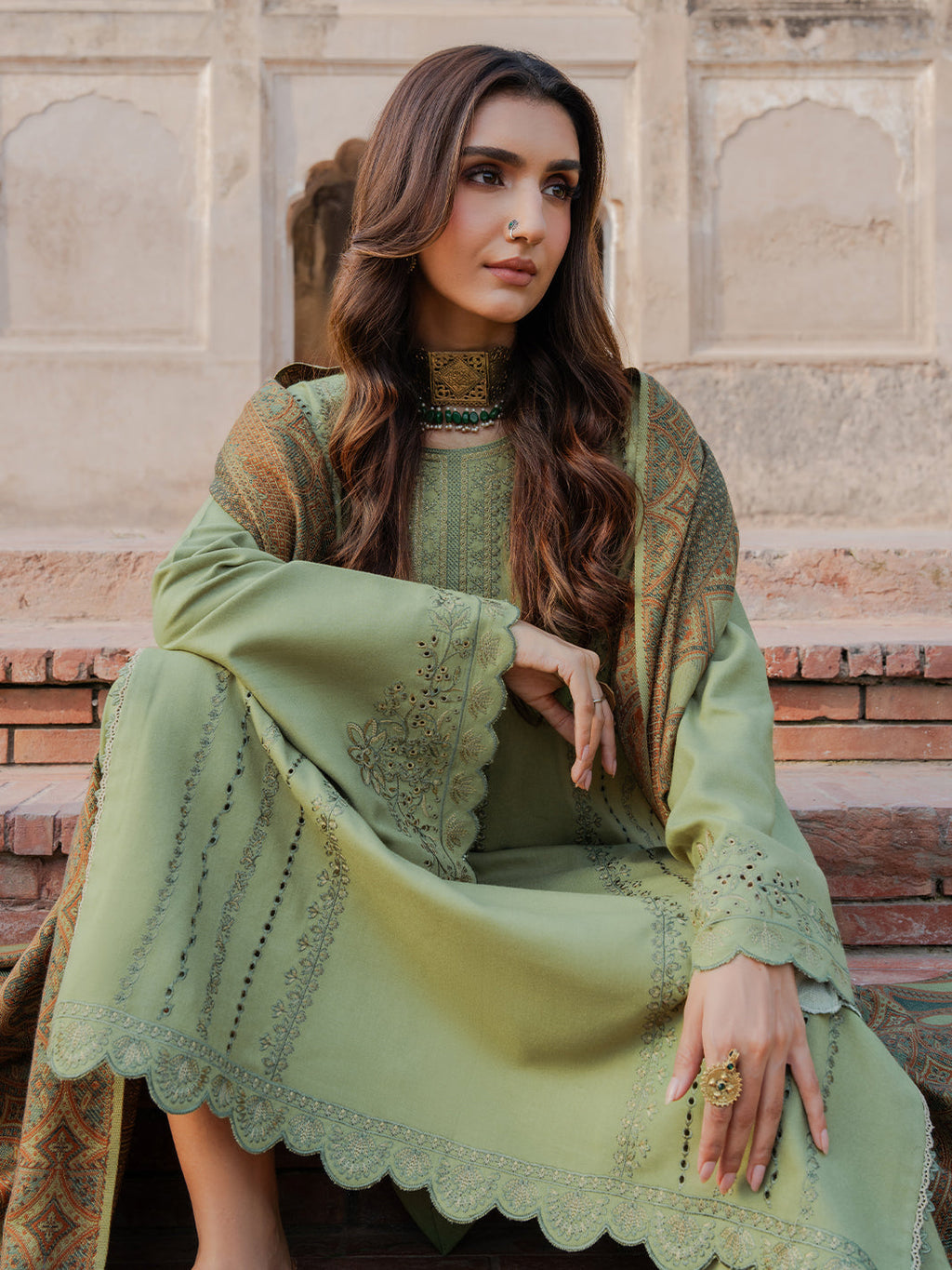 IZEL-3PC DHANAK EMBROIDERED SHIRT WITH COURTRAI PRINTED SHAWL & TROUSER-WM-4350