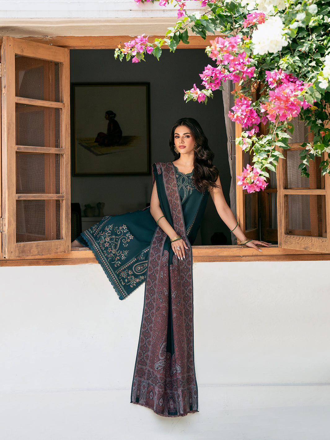 IZEL-3PC DHANAK EMBROIDERED SHIRT WITH PRINTED SHAWL