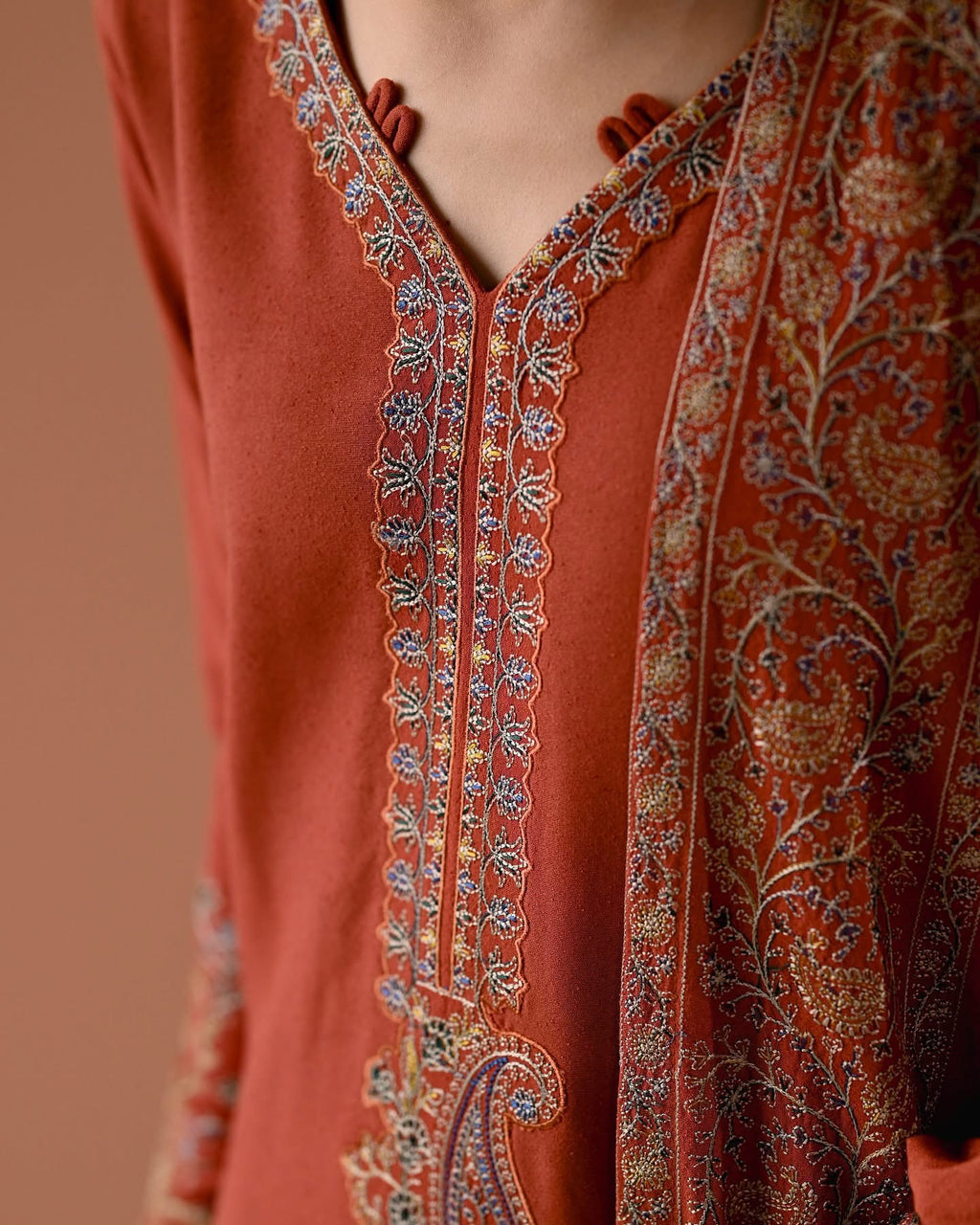 ZAIB-3PC DHANAK EMBROIDERED SHIRT WITH DHANAK EMBROIDERED SHAWL AND TROUSER-WM-4313