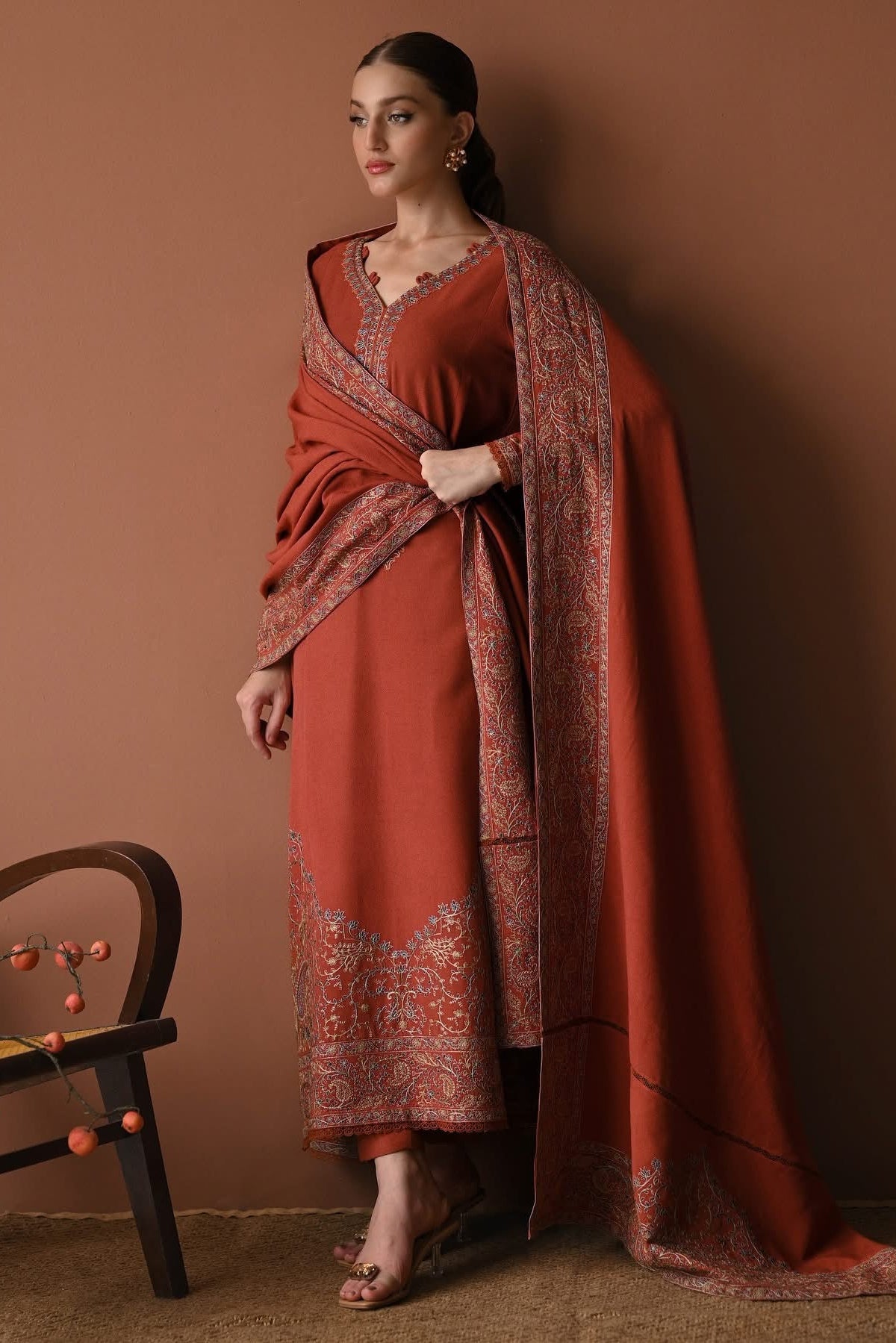 ZAIB-3PC DHANAK EMBROIDERED SHIRT WITH DHANAK EMBROIDERED SHAWL AND TROUSER-WM-4313