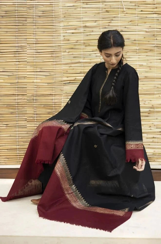 Zarpash - 3PC Unstitched Dhanak Neckline Embroidered Shirt with Printed Wool Shawl and Trouser