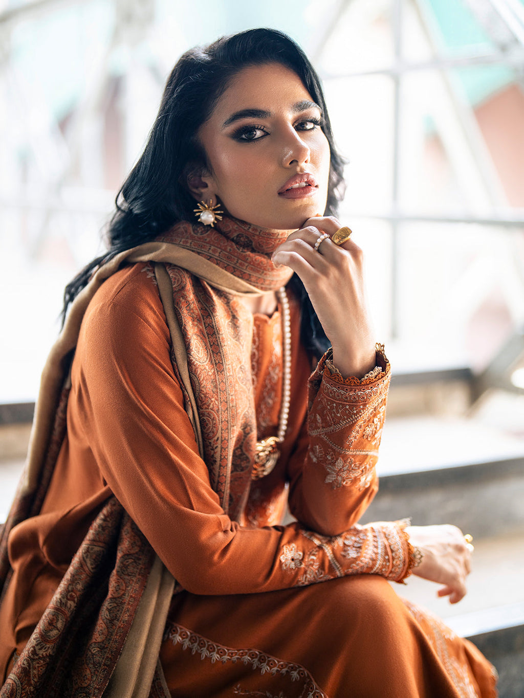 IZEL-3PC DHANAK EMBROIDERED SHIRT WITH COURTRAI PRINTED SHAWL AND TROUSER-WM-4146