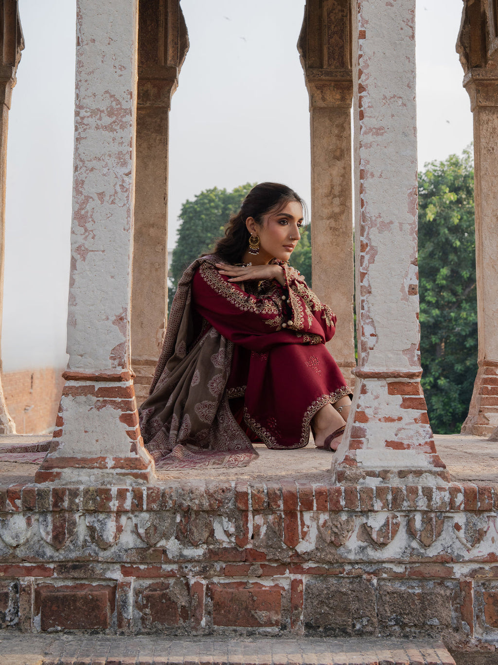 IZEL-3PC DHANAK EMBROIDERED SHIRT WITH COURTRAI PRINTED SHAWL & TROUSER-WM-4363