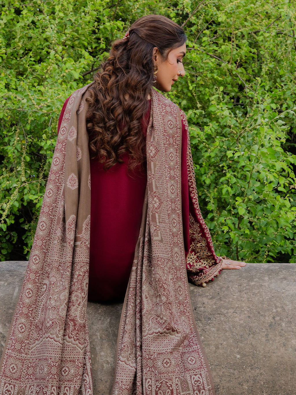 IZEL-3PC DHANAK EMBROIDERED SHIRT WITH COURTRAI PRINTED SHAWL & TROUSER-WM-4363