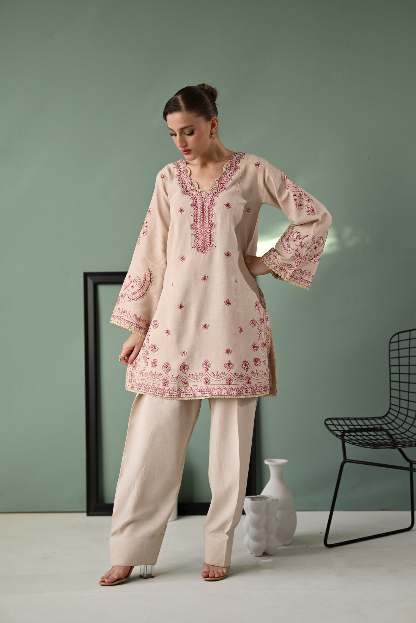 ZAIB-3PC DHANAK EMBROIDERED SHIRT WITH DHANAK EMBROIDERED SHAWL AND TROUSER-WM-4352