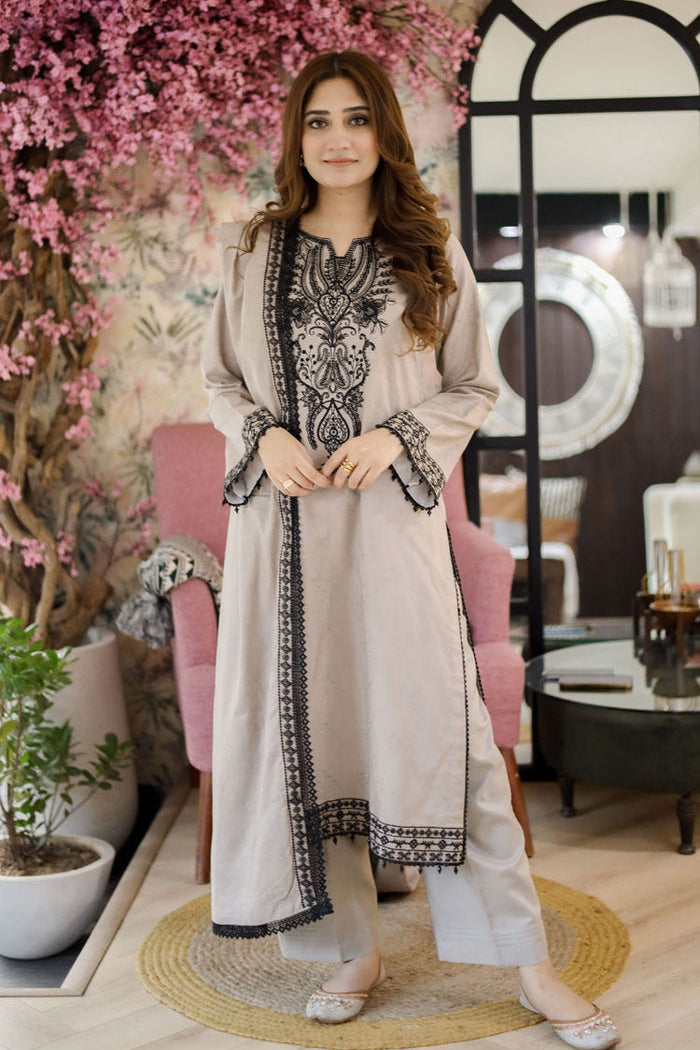 LIBAAS LUXURY UNSTITCHED WINTER DHANAK EMBROIDERED 3PC WITH DIGITAL PRINTED WOOL SHAWL