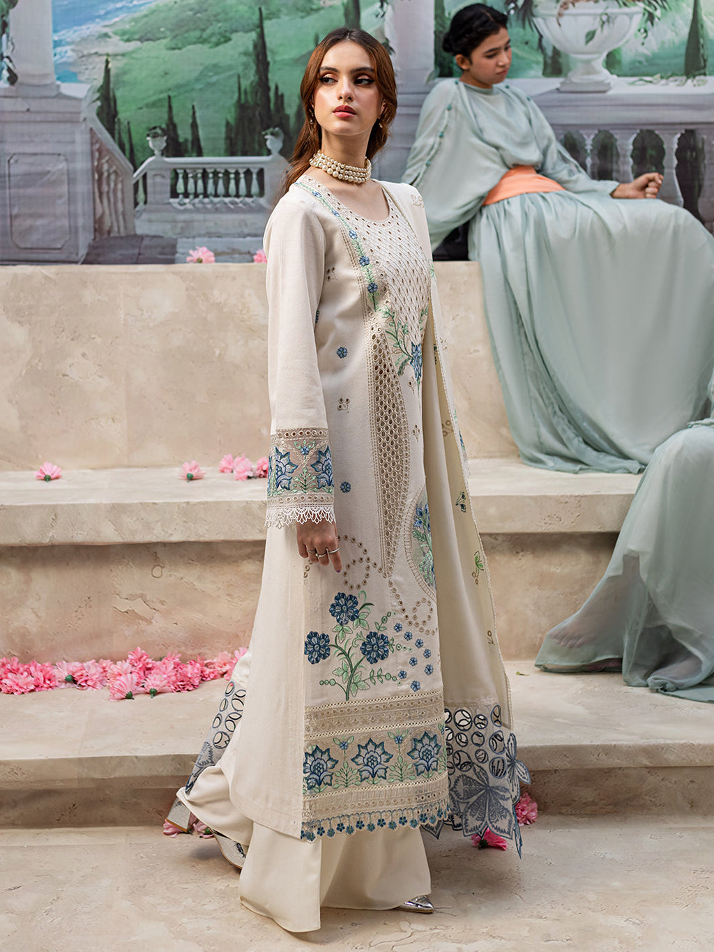 MAHNUR- WINTER UNSTITCHED DHANAK EMBROIDERED 3PC WITH LASER WORK EMBROIDERED SHAWL