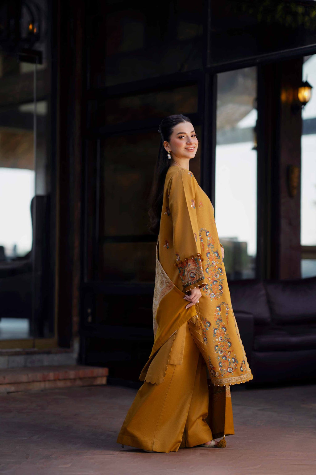 NISHAT-3PC KHADDAR EMBROIDERED SHIRT WITH COURTRAI PRINTED SHAWL & TROUSER-WM-4377