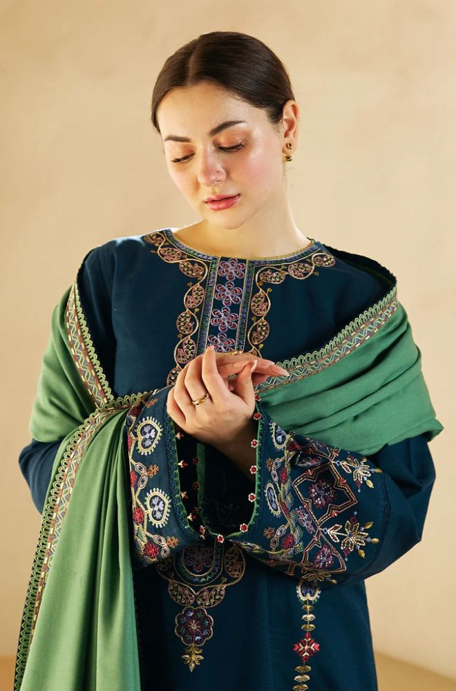 Zara Shah Jahan - 3PC Unstitched Dhanak Embroidered Shirt with Embroidered Dhanak Shawl and Trouser