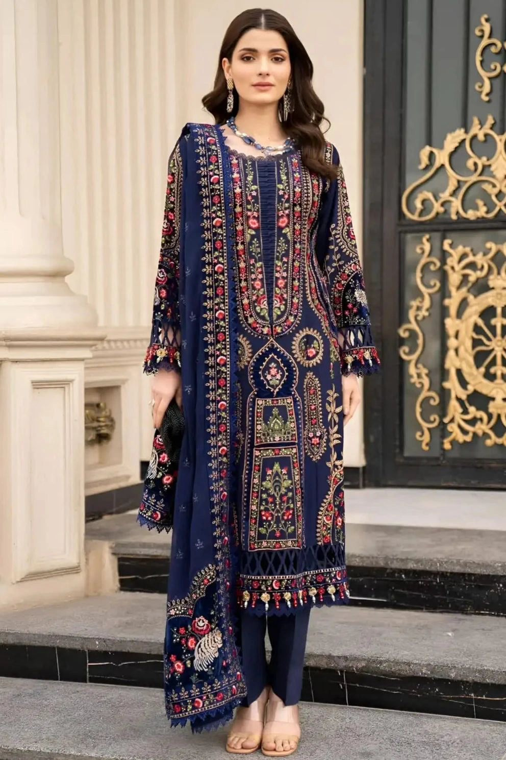 MARIA B UNSTITCHED DHANAK EMBROIDERED 3PC WITH READY TO WEAR DHANAK SHAWL