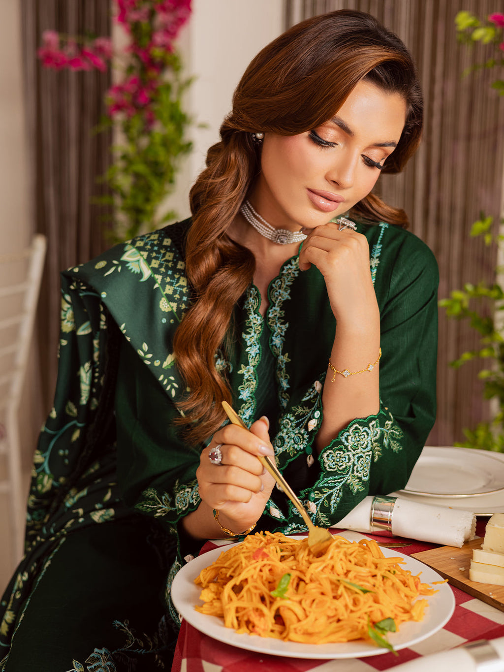 MAHNUR-3PC DHANAK EMBROIDERED SHIRT WITH COURTRAI PRINTED SHAWL & TROUSER-WM-4327