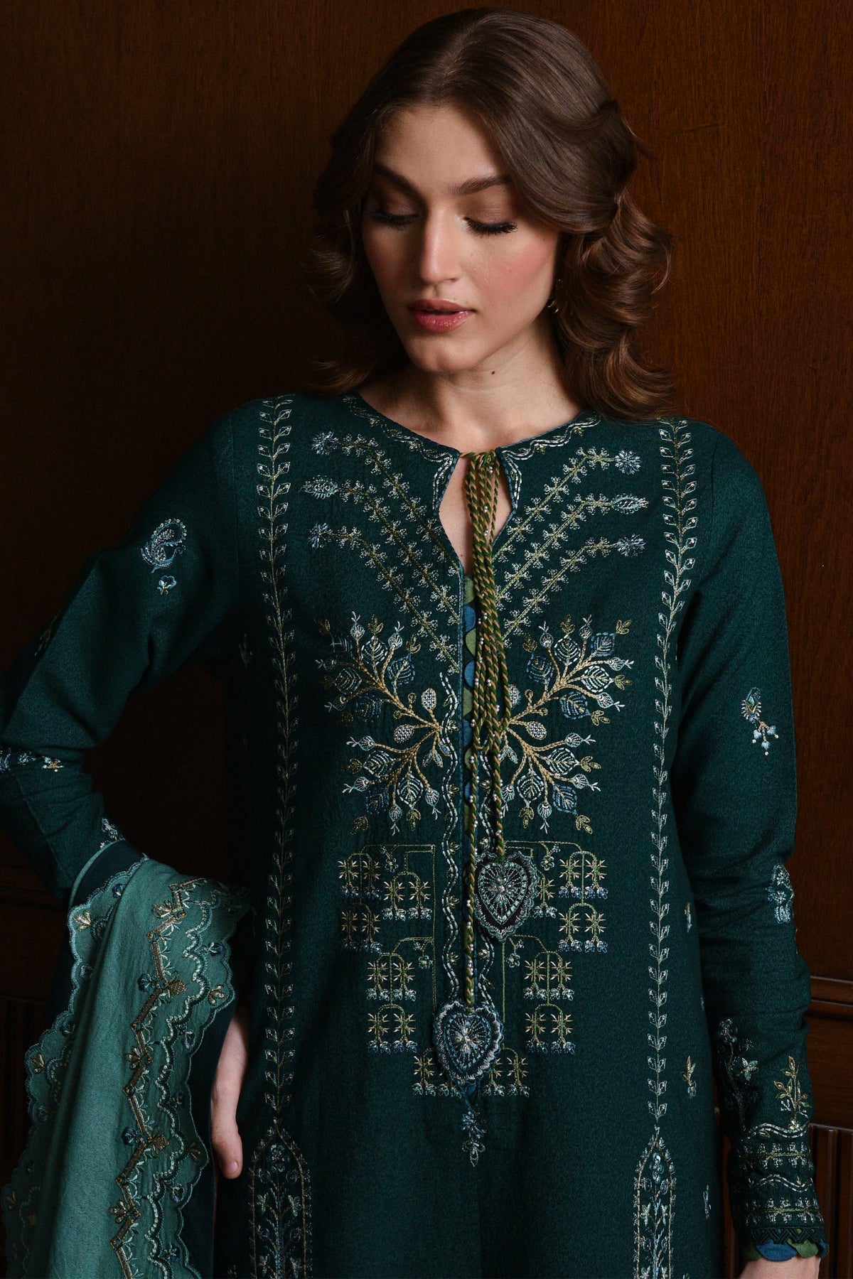 BATIK-3PC KARANDI EMBROIDERED SHIRT WITH DHANAK EMBROIDERED SHAWL AND TROUSER-WM-4332