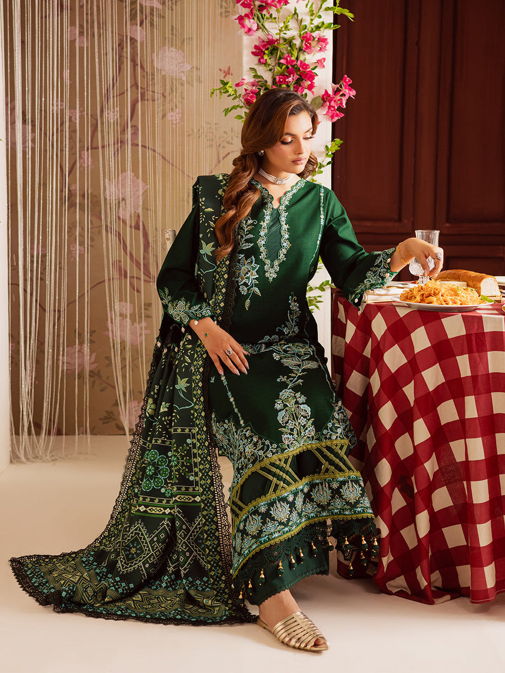 MAHNUR-3PC DHANAK EMBROIDERED SHIRT WITH COURTRAI PRINTED SHAWL & TROUSER-WM-4327