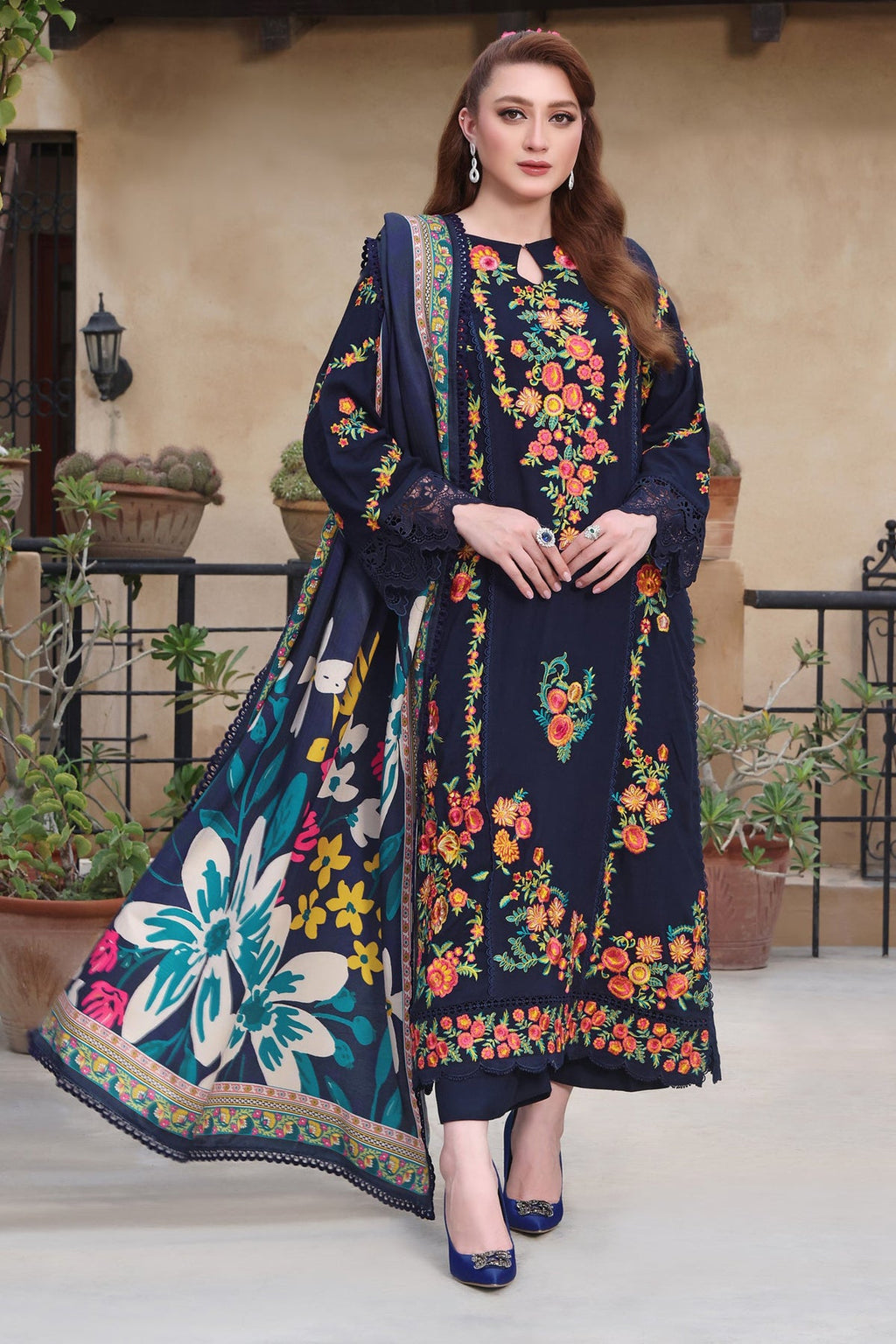 ANEELAS-3PC DHANAK EMBROIDERED SHIRT WITH COURTRAI PRINTED SHAWL & TROUSER-WM-4316