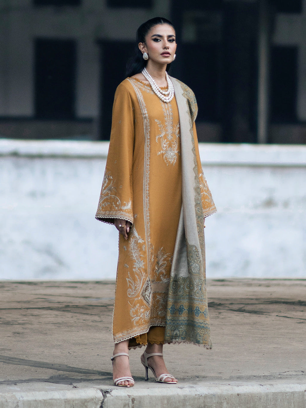 IZEL - 3PC DHANAK EMBROIDERED SHIRT WITH TWILL PRINTED SHAWL AND TROUSER