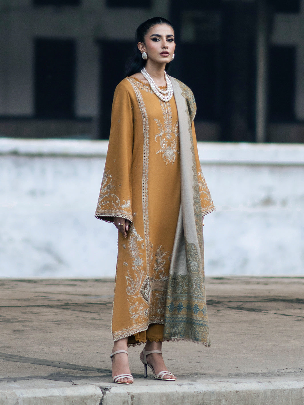 IZEL - 3PC DHANAK EMBROIDERED SHIRT WITH TWILL PRINTED SHAWL AND TROUSER