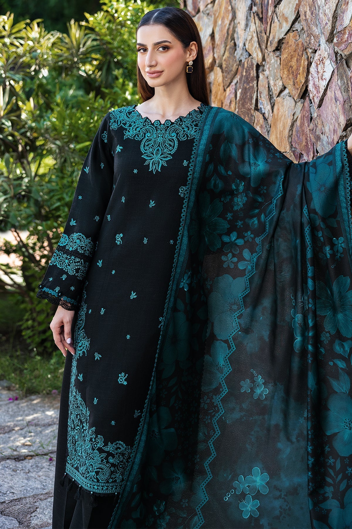 FARASHA-3PC KHADDAR EMBROIDERED SHIRT WITH COURTRAI PRINTED SHAWL AND TROUSER-WM-4391