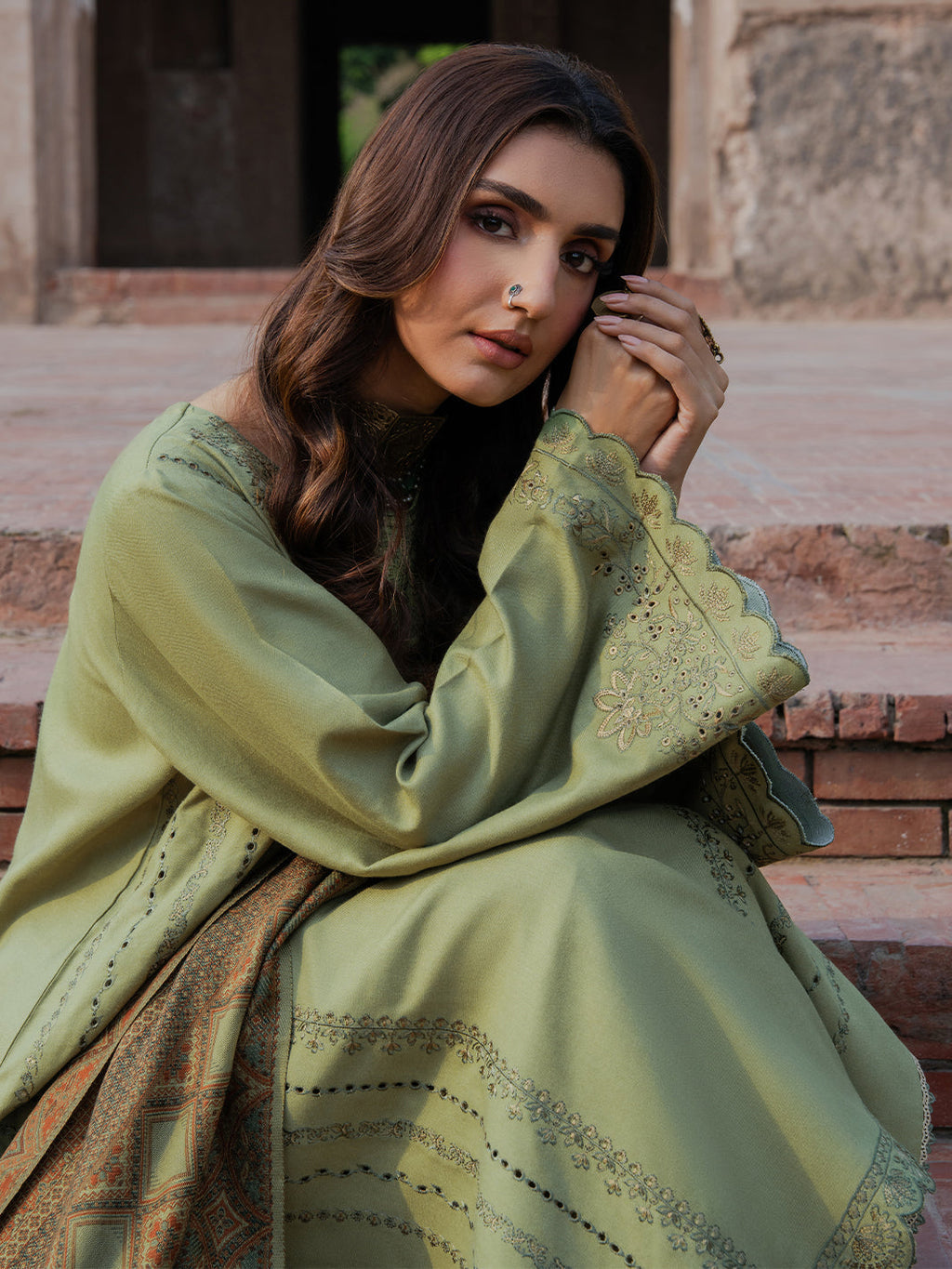 IZEL-3PC DHANAK EMBROIDERED SHIRT WITH COURTRAI PRINTED SHAWL & TROUSER-WM-4350