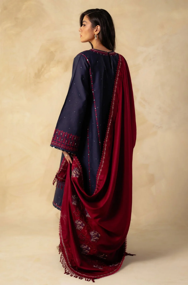 Zara Shah Jahan - 3PC Unstitched Dhanak Sequence Embroidered Shirt with Embroidered Dhanak Shawl and Trouser