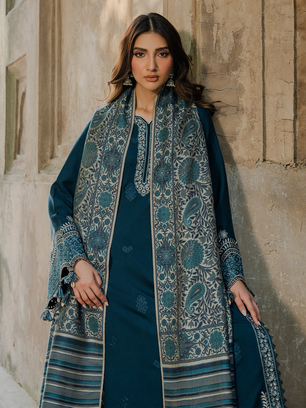 IZEL LUXURY UNSTITCHED WINTER DHANAK EMBROIDERED 3PC WITH DIGITAL PRINTED WOOL SHAWL