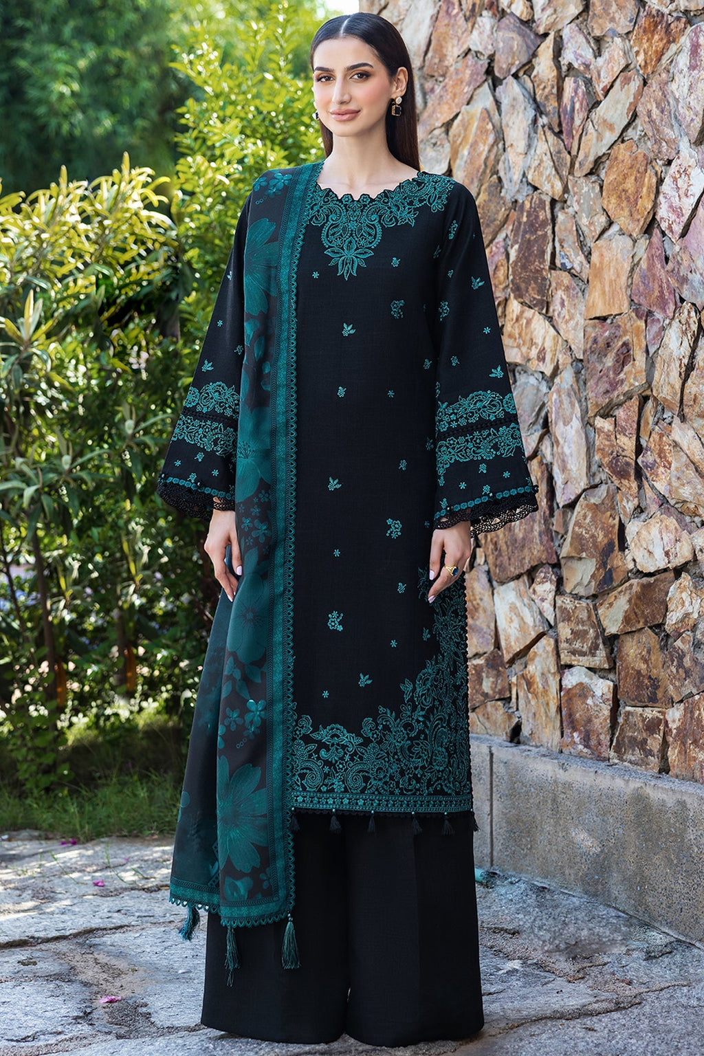 FARASHA-3PC KHADDAR EMBROIDERED SHIRT WITH COURTRAI PRINTED SHAWL AND TROUSER-WM-4391