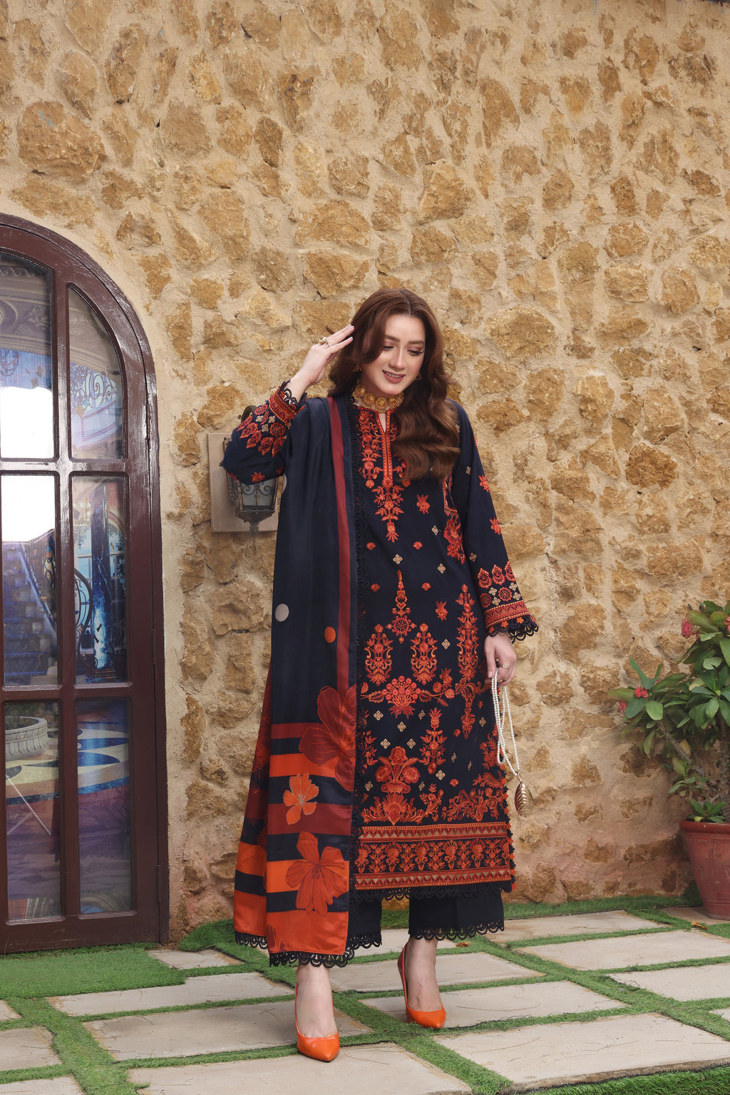 ASIM JOFA-3PC DHANAK EMBROIDERED SHIRT WITH COURTRAI PRINTED SHAWL & TROUSER-WM-4316