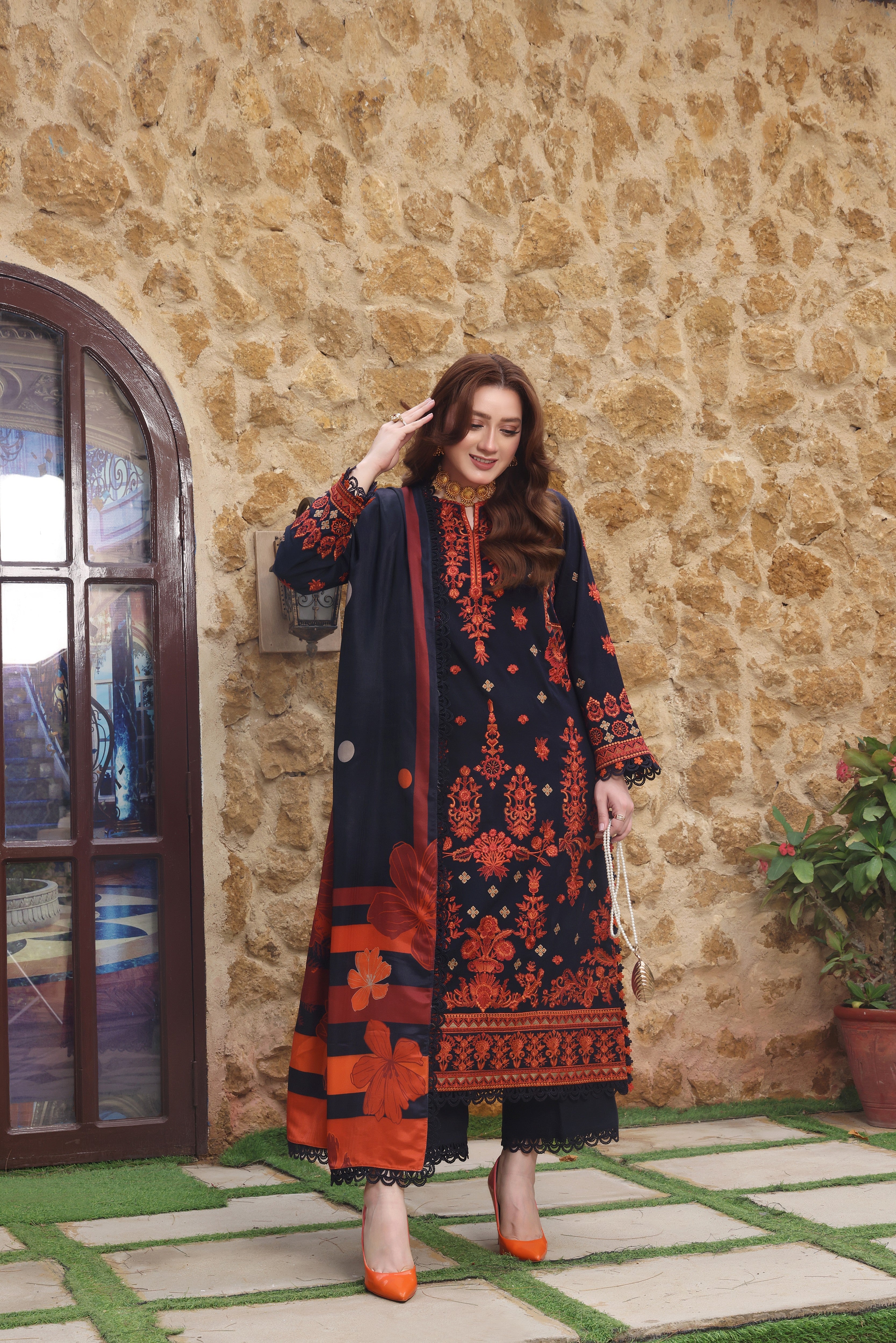 ASIM JOFA-3PC DHANAK EMBROIDERED SHIRT WITH COURTRAI PRINTED SHAWL & TROUSER-WM-4316