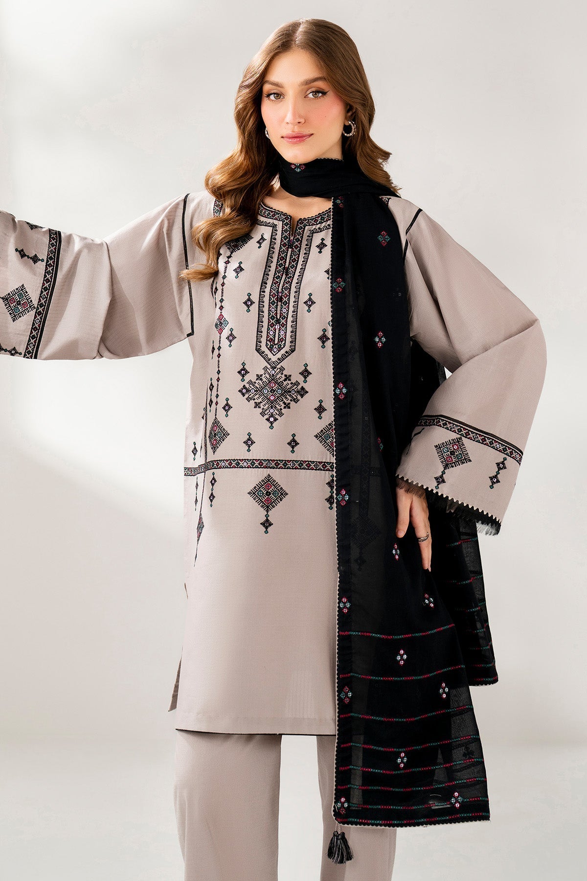 JAZMIN-3PC DHANAK EMBROIDERED SHIRT WITH DHANAK EMB SHAWL AND TROUSER-WM-4192