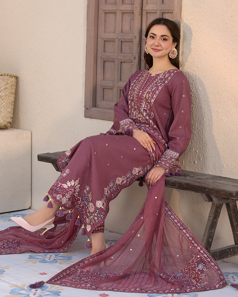 ALLY’S  Unstitched Dhanak 3PC With Embroidered Shawl PK